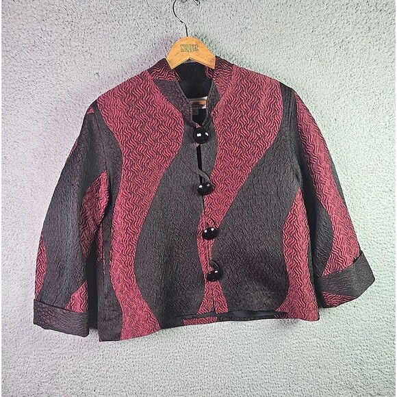 VTG Caroline Rose Metallic Wave Jacket Black Burgundy Medium Textured Statement - Picture 1 of 11